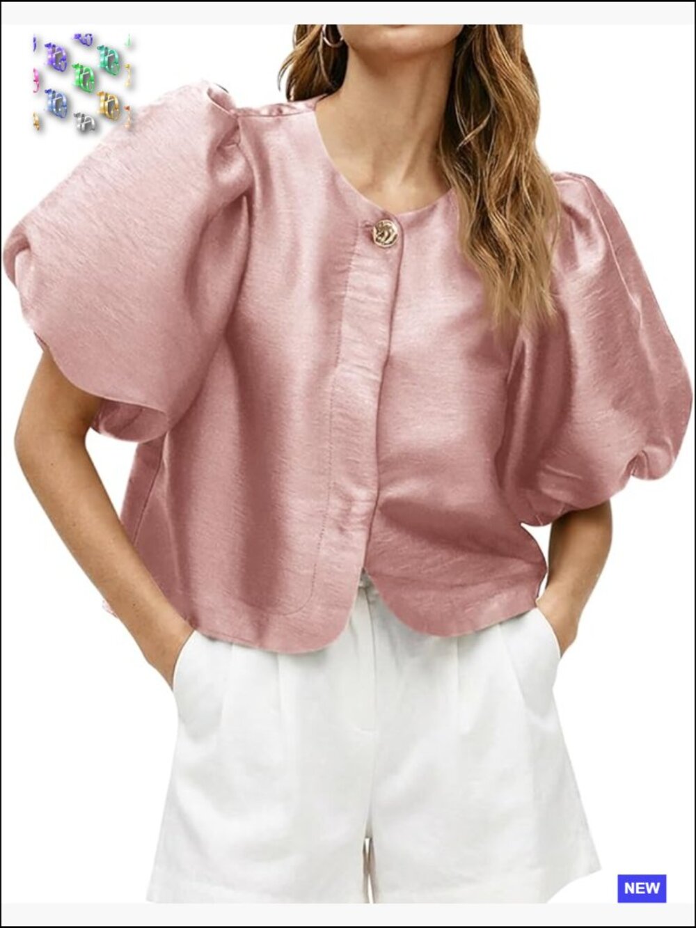 Satin Button Down Blouse Puff Short Sleeve Crop Top Loose Fit Casual Dressy